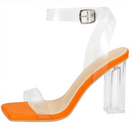 Image of Women's Clear Chunky Block Heeled Sandals 3.74 Inches Open Toe Ankle Strap Block High Heel Sandal Dress Dancing Sandals Daily Work Party Shoes