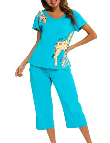 Image of ENJOYNIGHT Womens Pajama Sets Cotton Pj Set Short Sleeve Top With Capri Pants Sleepwear 2 Piece Lounge Set