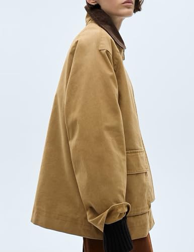 Lumister Womens Oversized Barn Jacket Contrasting Lapel Collar Retro Button Down Casual Canvas Coat Outwear4