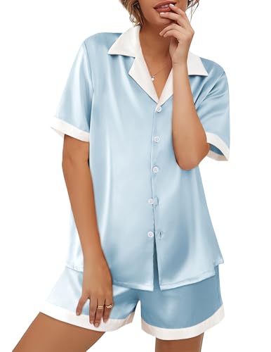 Image of Ekouaer Womens Silk Satin Pajama Set Short Sleeve PJs 2 Piece Button Down Top and Shorts Notch Collar Sleepwear Sets Soft Pjs | Soft sleepwear with pockets, botton down lounge sets, ideal for Home relaxation, Wedding, Party, Daily Wear & Breastfeeding