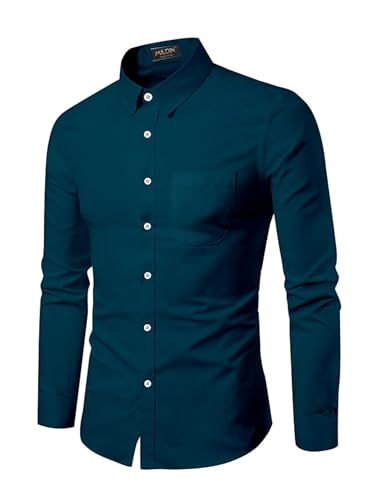 Image of MILDIN Men's Pure Cotton Striped Printed Shirt with Spread Collared Neck Full Sleeve Curved Hemline Button Closure and Regular Fit | Shirt for Man