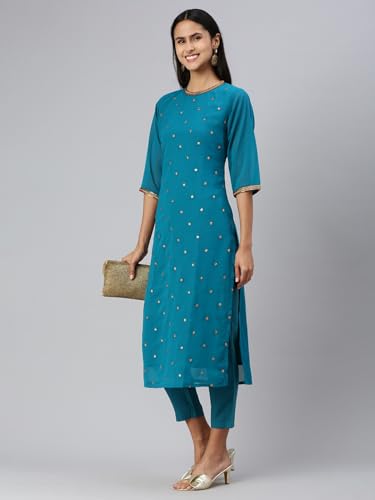Image of Hritika Women's Faux Georgette Regular Kurta Set (HRKB0070RAMA L Blue