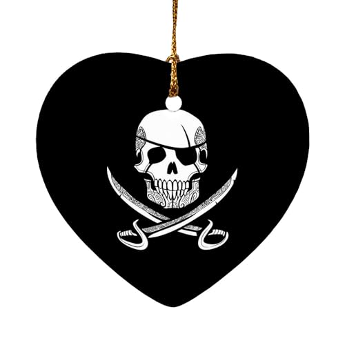 GRAPHICS & MORE Pirate Skull Crossed Swords Tattoo Design Heart-Shaped Porcelain Holiday Christmas Tree Ornament - 2.8"