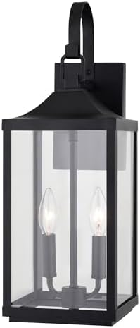 VAXCEL Old Town 19.5 in. H 2-Light Textured Black Transitional Outdoor Wall Sconce Made of Durable Metal, Clear Glass Shade, LED Compatible, Use for Exterior Porch Patio Front Door or Garage