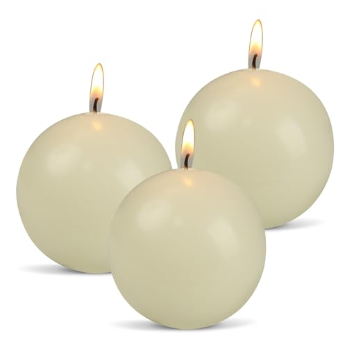 Ivory Ball Pillar Candles Set of 3 3 Unscented Round Sphere Candles Hand-Poured for Weddings Home Decor & Centerpieces 40-Hour Dripless Burn