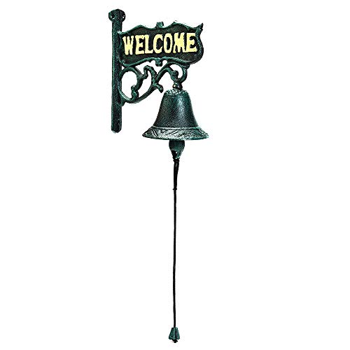 Sungmor Heavy Duty Cast Iron Wall Hanging Bell Welcome Sign - Decorative Vintage Green Flower Vine Manually Shaking Doorbell - Indoor Outdoor Wall Mounted Dinner Bell - Garden Home Wall Art Decoration #TOP1