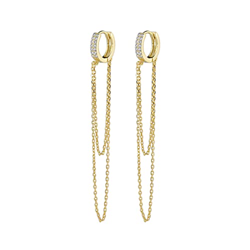 SLUYNZ 925 Sterling Silver CZ Hoop Earrings Tassel Chain for Women Teen Girls Small Hoop Earrings Dangle Earrings (B-Gold)