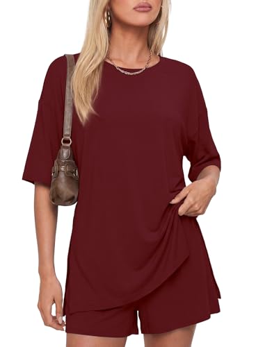 Image of Darong Women's 2 Piece Shorts Set Loungewear | oversized tshirts,crew neck top,drawstring shorts,elastic waist, side pockets,summer travel outfits