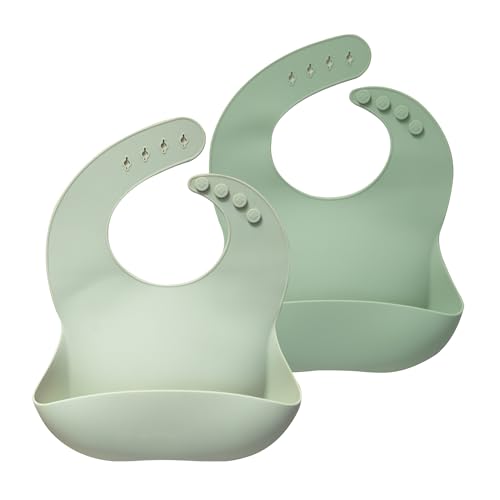 Image of Moonkie Silicone Baby Bibs Set of 2, BPA Free Waterproof Baby Bibs for Eating, Soft Adjustable Silicone Bibs for Babies 6-12 Months, Toddler Bibs with Pocket Food Catcher (Frosted Mint/Celadon Green)