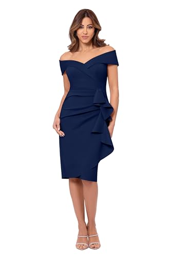 Image of Xscape Women's Bodycon Midi Off-The-Shoulder Ruffle Dress with Center Back Zipper, Petite & Plus Size