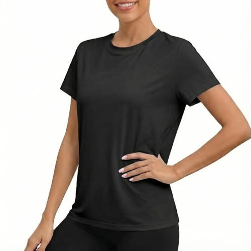 Auroly Women's Activewear T-Shirt for Gym Workout, UPF 50+ Sun Protection & Moisture Wicking Breathable Loose Fit Short Sleeve Top（Black，L）