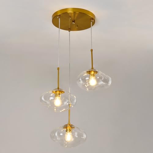 Image of 3-Light Gold Chandelier Modern Kitchen Island Pendant Light with Clear Glass Globe Shades Adjustable Height Flush Mount Ceiling Light Fixture for Dining Room Bedroom Living Room.