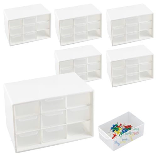 NAMYEUT Lot de 6 Boîtes de Rangement Tiroir Plastique, avec 9 Tiroirs, mini tour de rangement plastique, petits tiroirs, Organiseur de Bureau, blanc, 18 x 12 x 10 cm