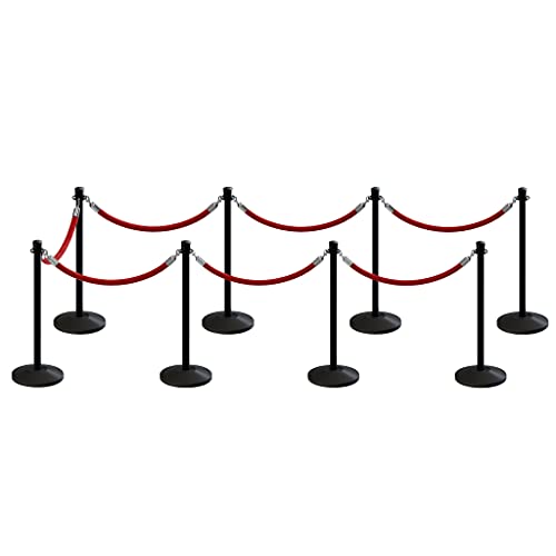 CCW Post and Rope Stanchion Kit with 8 Black Crown Top Posts and 7 Red Heavy Duty Velvet Cotton Core Ropes (6ft.Each) in Polished Stainless Snap Ends