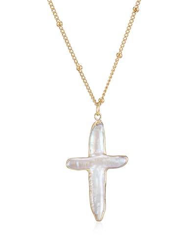 Women Nature Pearl Cross Necklace Freshwater Cross Pearl Necklace Gold Cross Pendant Necklace