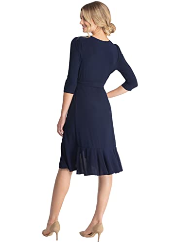 Kiyonna Plus Size Whimsy Ruffled Midi Wrap Dress With Sleeves | Wrap Around Style With Ruffles | Cocktail, Party, Wedding Guest Or Work | Navy Blue Size 1X (14-16) #TOP3