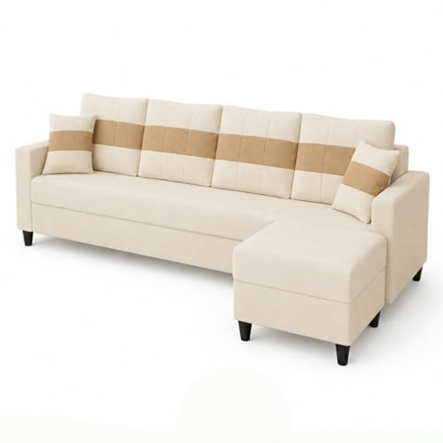 Image of Cavona 5 Seater L Shape Sofa Set with Movable Ottoman | Flexible Layout | Luxury Velvet Suede Fabric | Modern Living Room Sofa | Cream