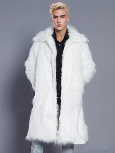 Image of FTIMILD Men's Long Faux Fur Coat Single Breasted Warm Winter Trench Coat Fluffy Thick Overcoat