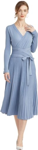 Image of Women's Long Knit Crewneck Sweater Dress Tie Waist A-Line Swing Pleated Bodycon