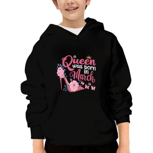 Vintage A Queen Was Born In March Hoodies for Teen Girls Boys Lightweight Kangaroo Pocket Sweatshirt