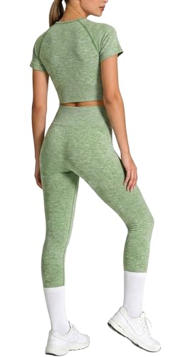 Workout Sets for Women 2 Piece Outfits Cute Gym Athletic Pilates Hiking Clothes Conjunto Deportivo Para Mujer Seamless High Waist Leggings Yoga Crop Tops Two Piece Matching Sports Set (P005S-Avocado)