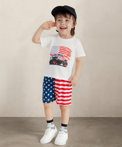 Image of Toddler Boy 4th of July Outfit Short Sleeve T-shirt + American Flag Shorts Independence Day Clothes