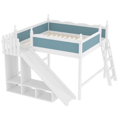 Image of Queen Size Loft Bed with Storage Shelves, Cabinet & Detachable Slide and Ladders, Solid Wood Kids Loft Bed for Space-Saving, Playful & Organized Bedroom (Blue+Light White1, Queen)