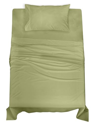 Image of ROYALE LINENS 100% Organic Cotton Twin Sheet Set - Percale Weave - 3 Pieces Set - 1 Flat, 1 Deep Pocket Fitted Sheet and 1 Pillowcases - Sage Green Bed Sheets - Sabanas Twin - Crisp Cool (Sage Green)