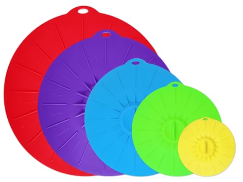 Anlising 5 Piezas Tapas de Silicona, Tapa de Ollas Microondas Elásticas Set, Tapas de Silicona Elásticas, Tapas con Ventosa, Cubierta de Sellado de Succión, para Tazones, Platos, Ollas (5 Tamaño)