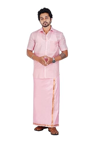 Image of PRAKASAM COTTON-Mens Art Silk Wedding Set /Art Silk 8 Mulam (8-Yard) Dhoti and Stitched Shirt for mens
