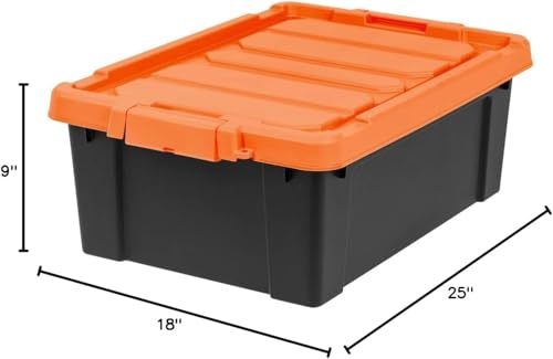 Image of IRIS USA 4 Pack 12 Gallon Lockable Storage Bins, Heavy Duty Stackable Containers with Lids for Garage Organization or Moving, Black /Orange