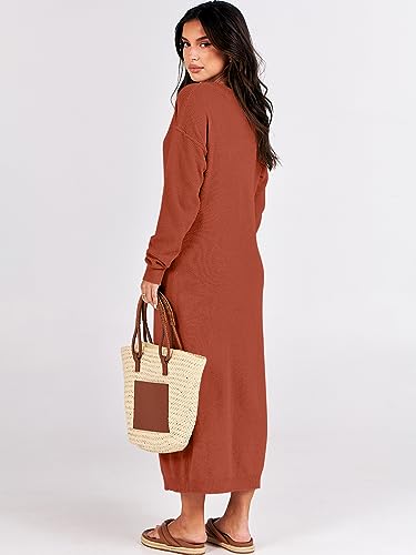 Image of ANRABESS Women Long Sleeve Button V Neck Oversized Casual Loose Fit Waffle Knit Fall Midi Sweater Dress 2026 Trendy Outfits