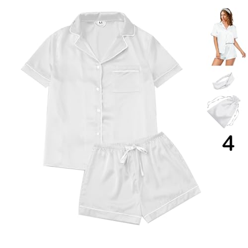 4Pcs Womens Satin Silky Pajama Sets Short Sleeve Shirt XS-4XL Floral Pajamas Set Soft PJ Loungewear-Size: Large3