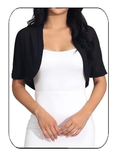 Image of GORAIS Evening Chiffon Shrugs Black Short Sleeve Jacket Open Front Sheer Bolero Cardigan for Women and Girls