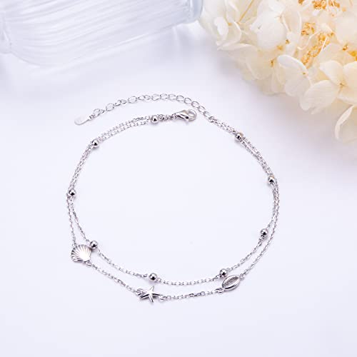 Image of Flyow Anklet for Women S925 Sterling Silver Adjustable Foot Beaded Heart Charm Ankle Bracelet Anklets Jewelry