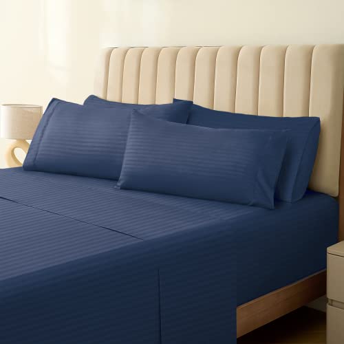 Image of LuxClub 5 PC Split King Size Sheet Set Bed Sheets, Breathable Luxury Sheets, Deep Pockets 18 inch Wrinkle Free Cooling Sheets Machine Washable Hotel Bedding (Split King, Striped Navy)