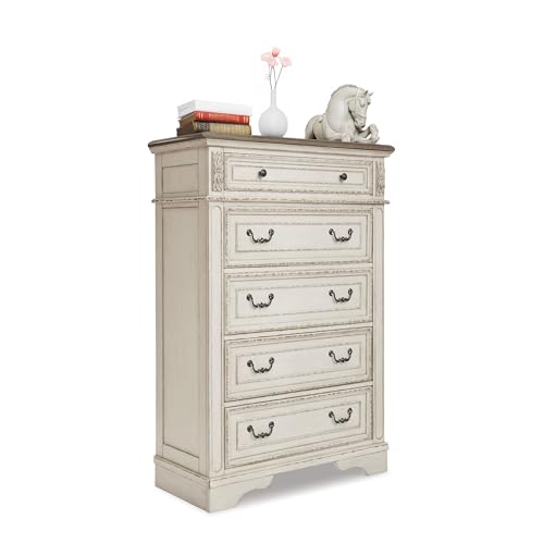 Image of Signature Design by Ashley Realyn French Country 5 Drawer Chest, Tipover Restraint Device, 2-tone Finish, Wood, 40.13 inch W x 18.13 inch D x 58.13 inch H, Chipped White