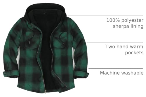 Image of ZENTHACE Mens Sherpa Lined Flannel Shirt Jacket with Hood,Full Zip | All Sherpa Lining,Adjustable Drawstring,4 Utility Pockets,Transitional Weather Layering Coat,Outdoor Walk,Casual Dailywear