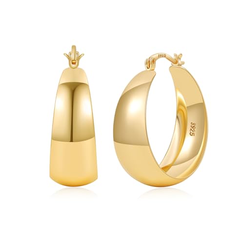 EXGOX Gold Hoop Earrings for Women Sterling Silver Post Hoops Earrings for Women Wide Thick Silver Hoop Earrings Hypoallergenic Lightweight 14k Real Gold Plated Hoop Large Earrings (25/30/40/50MM)