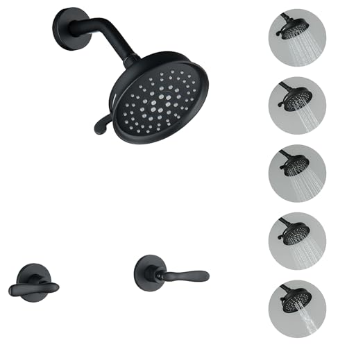 DOUBLUOEG 2 Handle Shower Faucet Set with 5 Setting Rainfall Showerhead Shower Faucet Set 2 Knobs Matte Black