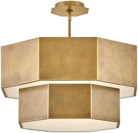 Hinkley Facet Medium Convertible Chandelier, (1) 6" and (2) 12" Down Rods, Even or Sloped Ceilings, Hexagonal Etched Glass, Even or Sloped Ceilings, Heritage Brass Finish