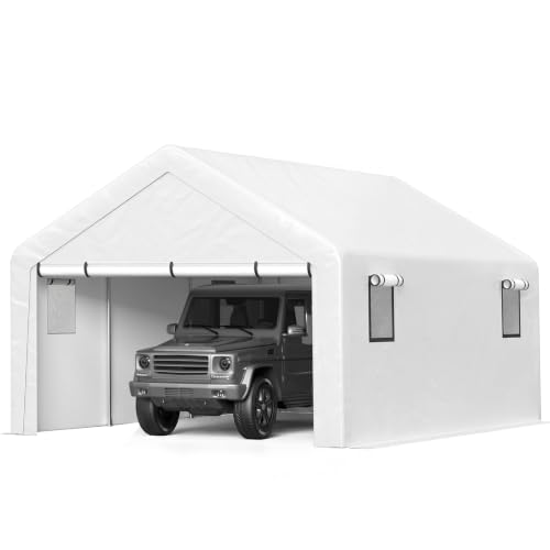 Image of Jocoevol 13x21 FT Enclosed Carport with Roll-up Windows, Removable Sidewalls & Doors and Sandbags for Car Boat Truck Motorcycle, White