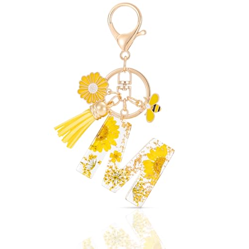 MWOOT Letter Keychain Llaveros Inicial Resina,Pétalos de Alfabeto Lámina de Oro Keyring con Margarita Borla Colgante,Amarillo Moda Llavero Encanto para Mujeres Chicas Monedero Bolsos Colgante(M)