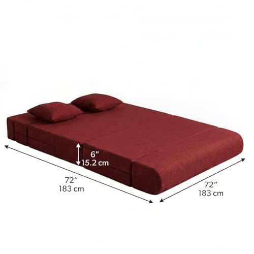Image of Foldable Four Seater Sofa Bed 6 X 6 Ft Jute Fabric Washable Cover Sofa Cum Bed with Cushions Convertible Sofa Bed for Home (Red Color - Pre-Assembled)