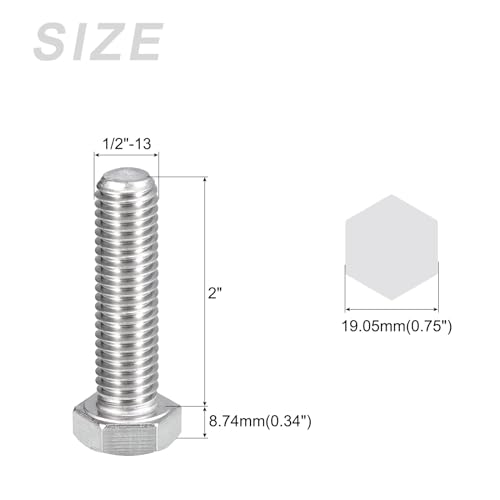 Image of METALLIXITY Hex Head Bolts (1 /2-13 x 2) 20Pcs, 304 Stainless Steel 18-8, Fully Threaded, External Hex Drive, Plain Finish, Hex Head Screw Bolt, Silver