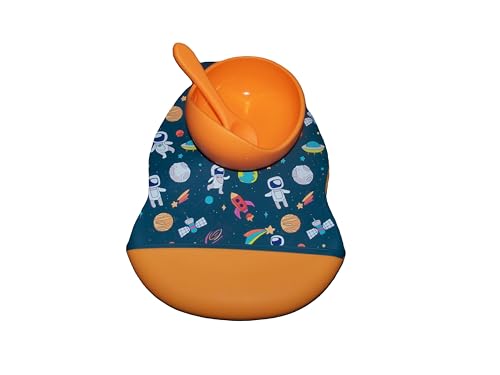 Blue Space Theme - Astronaut Pattern Bib set with Bowl & Spoon, Blue & Orange- 4 piece