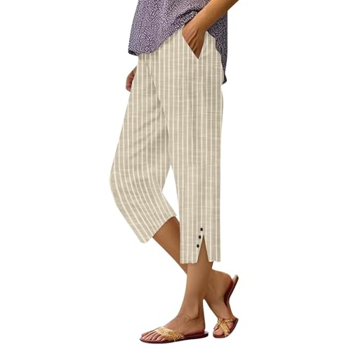 Stripe Cotton Linen Capri Pants Casual 2025 Summer Drawstring Elastic High Waist Straight Plus Size Pants