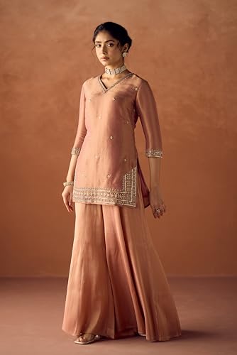 Image of FIORRA Women Peach Tissue Blend Hand Embroidered Kurta Set with Dupatta
