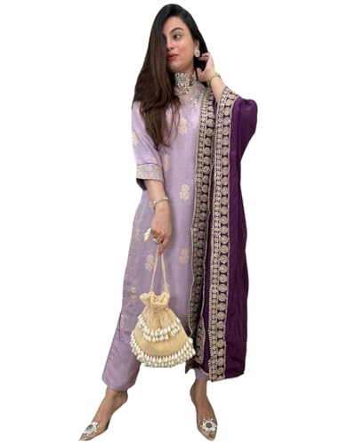 Image of GoSriKi Women's 3 Piece Kurta Pant Dupatta Set | Silk Cotton Kurta Sets for Woman | Kurti Set for Woman | Elegant Suit Set for Women Cotton | Women Kurta Sets with Dupatta Cotton