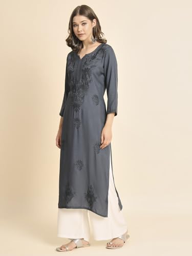 Image of VAIRAGEE Women's Embroidered Lukhnavi Chikankari Work Straight Rayon Ethnic Kurta | Casual Office Kurta for Women